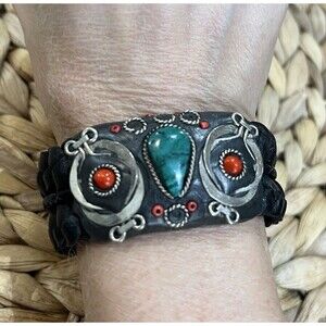 VTG Braided Leather Stainless Silver Malachite Coral Owl Bracelet Bird Lovers